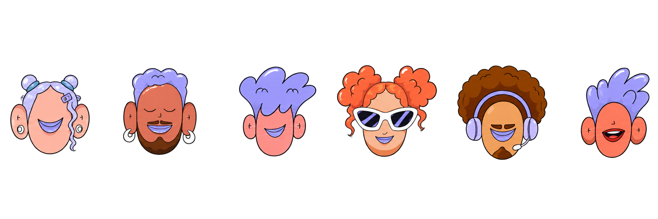 Six playful characters with different hairstyles and accessories