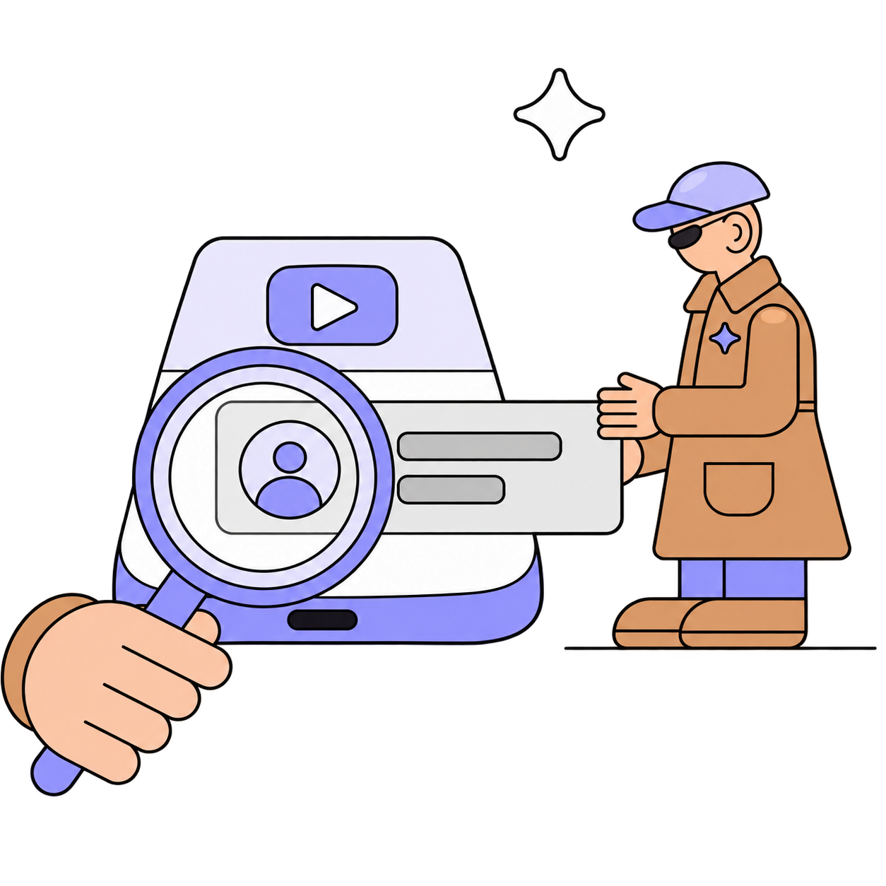 Playful creator illustration with a purple phone and magnifying glass